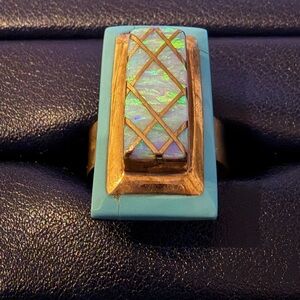 Vintagea native opal turquoise and brass ring size 7